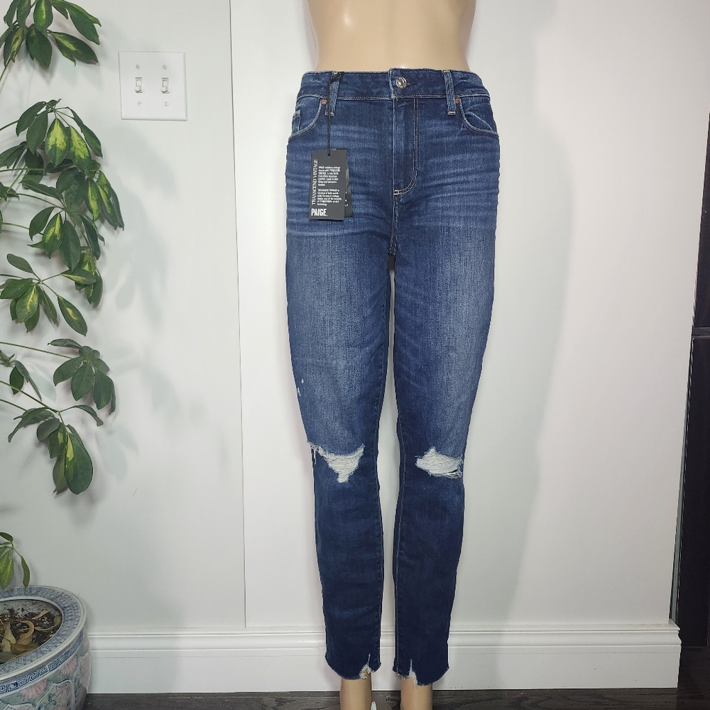 PAIGE Women's Mid Rise Dark Wash Distressed Verdugo Skinny Ankle Jeans 32‎ NEW